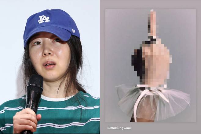 민희진 어도어 대표가 25일 오후 서울 서초구 한국컨퍼런스센터에서 입장 발표 기자회견 중 굳은 표정을 하고 있다(왼쪽). 아일릿의 비주얼 디렉터 허세련 인스타그램. [연합]