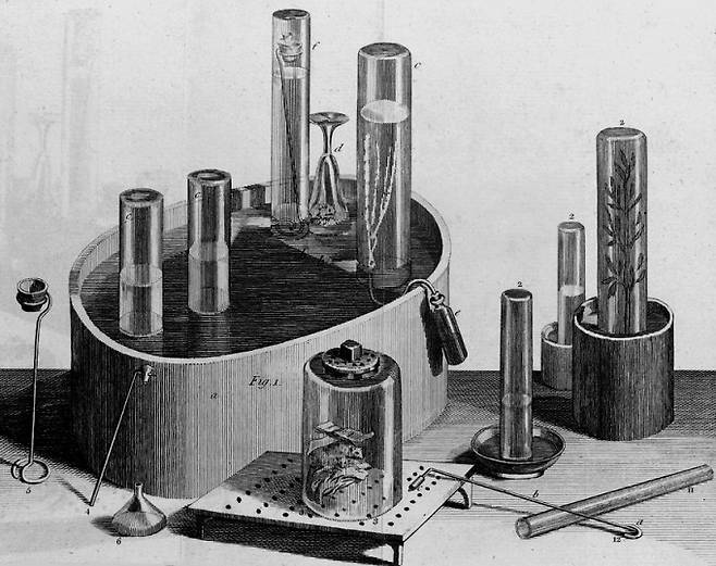 라부아지에의 학문적 라이벌이었던 조셉 프리스틀리의 기체 실험 장비. 대야와 거꾸로 세운 유리관에 물을 채우고 기체 방울을 모아서 실험을 수행했다. 대야 앞 유리병 안에 프리스틀리가 자신의 집에서 직접 잡은 쥐가 한 마리 있다. 프리스틀리는 쥐를 죽이는 것이 마음에 걸려 실험 중 쥐가 질식해 죽을 지경이 되면 유리병을 열어 살려줬다고 한다. Wellcome Collection 제공