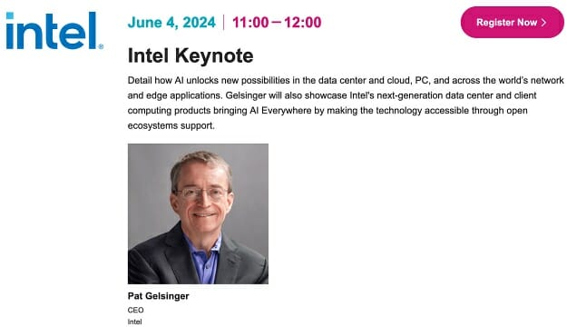 팻 겔싱어 인텔 CEO는 오는 6월 4일 오전 대만 타이베이 '컴퓨텍스 2024' 기조연설을 진행 예정이다.