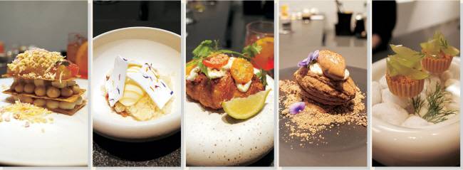 사진 왼쪽부터 디저트 코스메뉴에 나오는 비트 샐러드 밀푀유, 캐모마일&허니, 타코 크루아상, 카카오팟, 썸머 바이트.