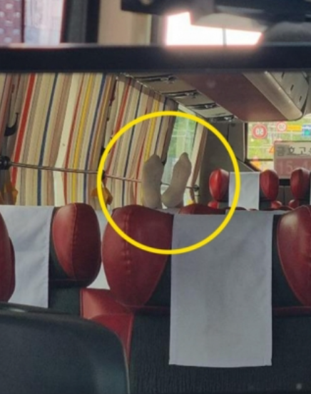 30일 새벽 대구로 향하는 고속버스에 탑승한 20대로 추정되는 한 남성 승객이 앞좌석에 두 발을 올린 모습/사진=온라인 커뮤니티 갈무리