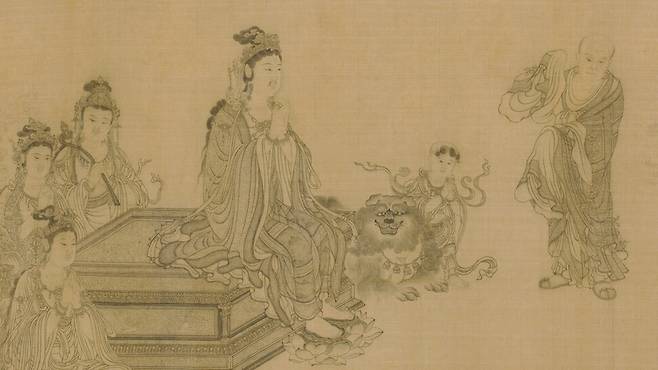 ‘깨달음의 길은 둘이 아니다’라는 내용을 담은 중국 불화 ‘유마불이도’(1308). 호암미술관 제공