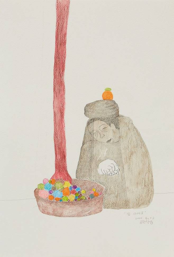 윤석남, 감 사세요 Persimmons for Sale, 2001, 종이에 색연필 Colored pencil on paper, 45x30cm *재판매 및 DB 금지