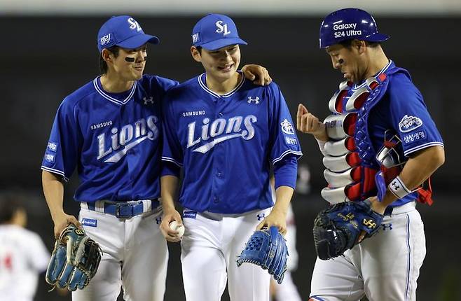 [서울=뉴시스] 삼성 라이온즈 구자욱(왼쪽), 육선엽(가운데), 강민호(사진=삼성 라이온즈 제공) *재판매 및 DB 금지