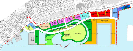 부산항 북항 재개발 사업 토지 이용 계획도. 지도 상 밝은 보라색 부분이 B블록, 빨간색 부분이 D블록이다.(사진=감사원)