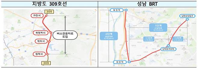 지방도 309호선 및 성남 BRT 노선도(안).(국토교통부 제공)