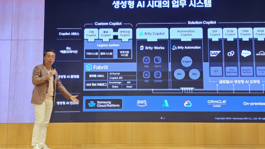 황성우 삼성SDS 대표가 2일 잠실캠퍼스에서 열린 미디어데이에서 자사 생성형AI 서비스와 사업 전략을 소개하고 있다. 팽동현 기자