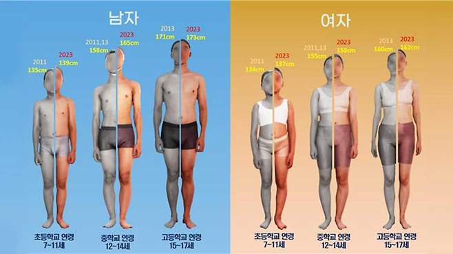 한국인 아동·청소년 평균 키 변화 (6차(2011, 2013) vs 8차(2023) [산업통상자원부 국가기술표준원 제공]