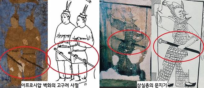 조우관 사절이 허리에 찬 ‘고리자루큰칼(환두대도·왼쪽 사진). 고구려 벽화분인 삼실총의 문지기도 똑같은 칼을 차고 있다.|동북아역사재단 제공