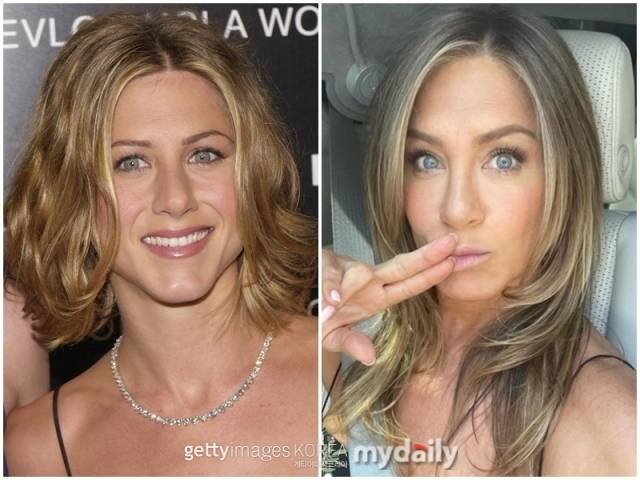 2000년 제니퍼 애니스톤(사진 왼쪽), 최근 소셜미디어에 공개된 애니스톤의 모습(오른쪽)/게티이미지코리아