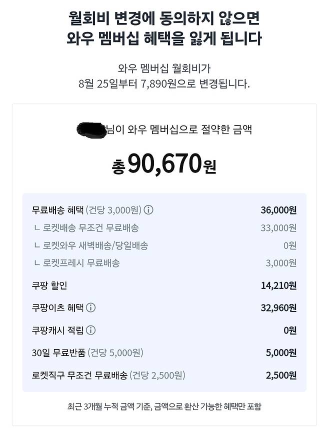 쿠팡이 와우 멤버십 회원을 대상으로 회비 인상에 대한 동의를 받고 있다. [독자 제공]