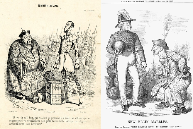 좌) 1830-1843 시기에 파리에서 발행됐던 프랑스 일간지에 수록된 풍자화 우)아편전쟁 묘사한 삽화. 출처 : 게티이미지