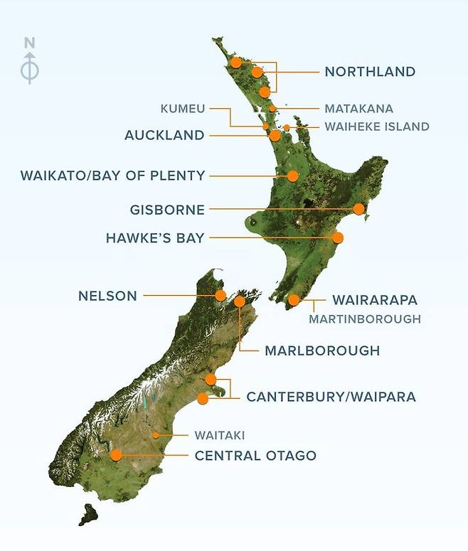 뉴질랜드 주요 와인산지. 뉴질랜드와인협회