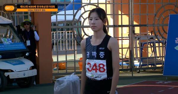 노윤서(금파중학교)는 3일 오후 경북 예천스타디움 육상경기장에서 열린 '제52회 KBS배 전국육상경기대회' 여자 중등부 100m 결선에 출전해 11초95로 우승과 동시에 약 15년만의 여자 중등부 11초대 기록을 세웠다. 사진┃STN 유튜브