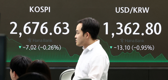 A screen in Hana Bank's trading room in central Seoul shows the Kospi closing at 2,676.63 points on Friday, down 0.26 percent, or 7.02 points, from the previous trading session. [YONHAP]