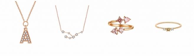 (왼쪽부터)디자인 랩(Design Lab)의 알파벳, 별자리 네크리스, TFR x라이트박스 조이 (TFRxLightbox Joy) 컬렉션의 조이풀 링, 마렌(Maren)의 야생화를 묘사한 반지/사진 제공=더 퓨처락스 (The Future Rocks)