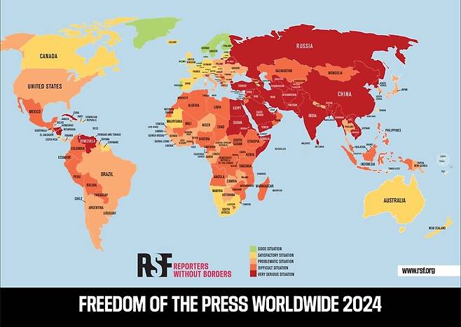 ▲2024년 세계언론자유지수. 색이 붉어질수록 언론자유가 없는 지역이다. ⓒ국경 없는 기자회
