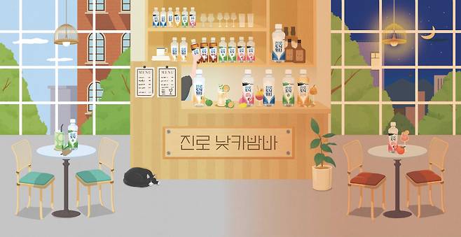 하이트진로음료는 서울 강남구 삼성동 코엑스 B홀에서 열리는 ‘2024 서울바앤스피릿쇼’에 참가해 ‘진로 낮카밤바(낮에는 카페, 밤에는 바)’ 콘셉트의 홍보부스를 운영한다. [하이트진료음료 제공]