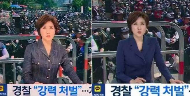지난해 5월 18일 방영된 KBS '뉴스9' 보도 화면(왼쪽)과 이튿날 수정된 화면. 9시 뉴스 진행자인 이소정 앵커의 옷이 다르다. /KBS노동조합