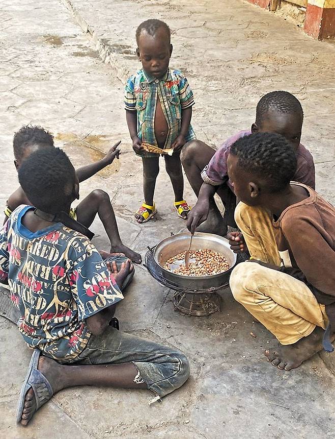 배고파도 ‘울지마 톤즈’ - 지난 3월 16일 아프리카 수단 동부의 홍해 인접 도시 포트수단의 피란민 수용소에서 아이들이 화로에 땅콩을 굽고 있다. 수단은 쿠데타 세력 간 갈등이 터지면서 지난해 4월 발발한 내전으로 주요 기반 시설이 파괴되는 등 위기에 직면했다. 다큐멘터리 ‘울지마 톤즈’의 고(故) 이태석 신부는 2001~2008년 수단 남부(현재는 남수단 공화국)에서 봉사했다. /로이터 뉴스1