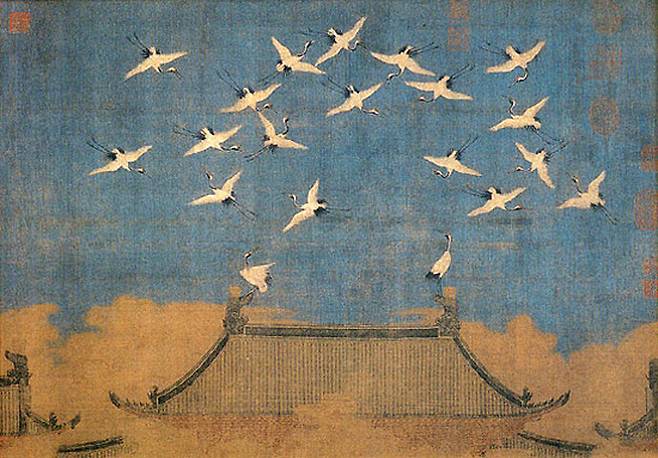 중국 송나라 때의 그림 ‘서학도’. 휘종이 명하여 작곡한 대성락이 연주되자, 그에 감응하여 학들이 몰려드는 장면을 그렸다. 좋은 정치에 깃드는 상서로운 기운을 포착하려는 정치적 장르화라고 할 수 있다. 사진 출처 위키피디아