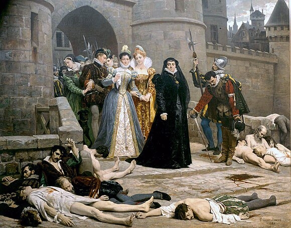 “이제 다시 가톨릭의 시대인가.” 검은 옷을 입은 여인이 카트린 드 메디시스. 학살된 위그노를 둘러보는 모습.