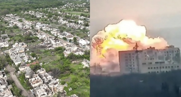 도네츠크주 인근 크라스노호리브카 주거지역에 러시아군의 활공폭탄이 떨어지는 모습(사진 우측)과 폐허가 된 차시우야르 모습.