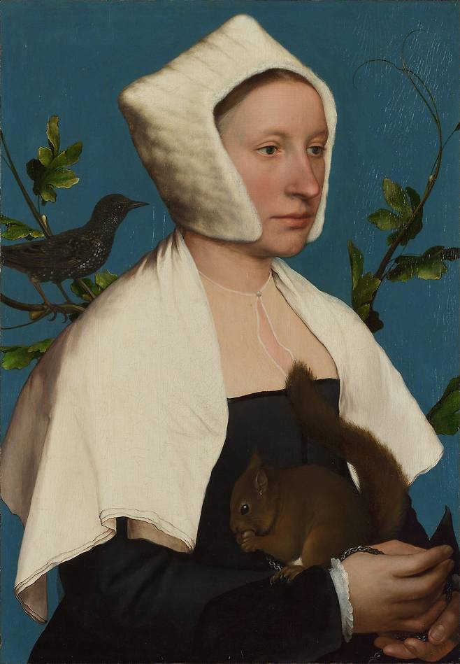 독일 화가 한스 홀바인이 1526년에서 1528년 사이에 그린 ‘다람쥐, 찌르레기와 같이 있는 여인’ 초상화./위키미디어