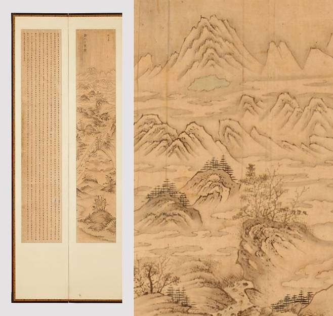 ‘관북십경도’ 가운제 제11폭(왼쪽)은 ‘괘궁정’을 그렸다. 화면 세부를 보면, 상단의 높은 산봉우리는 백두산을, 그 아래 푸른 색의 연못은 천지를 표현하고 있다. 전윤수 제공