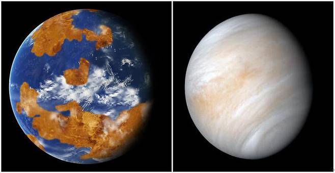 행성 형성 초기 금성 상상도(왼쪽)와 현재의 금성