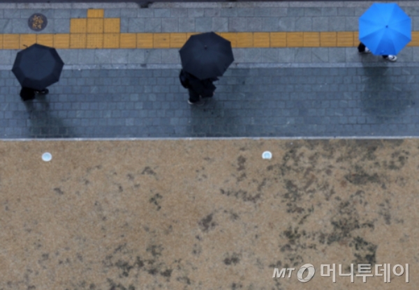 서울 중구 시청역 인근에서 시민들이 우산을 쓰고 출근길 발걸음을 재촉하고 있다. /사진=뉴시스