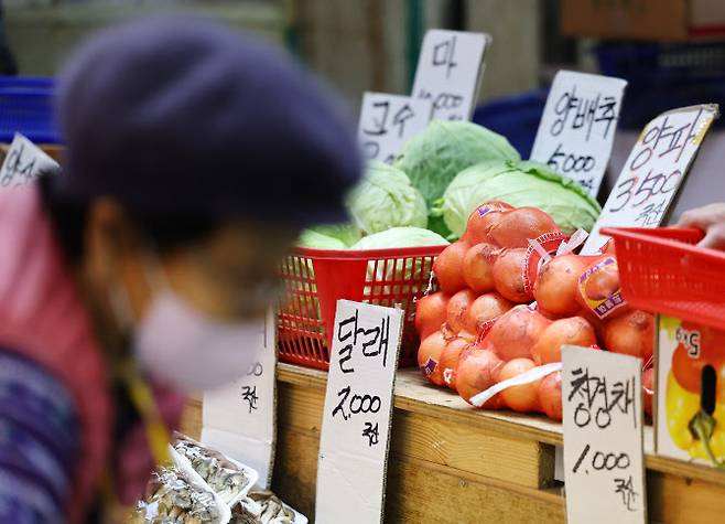 지난해 11월 서울 시내 한 전통시장 채소가게에서 시민들이 양파 등 채소를 고르고 있다. (사진=연합뉴스)
