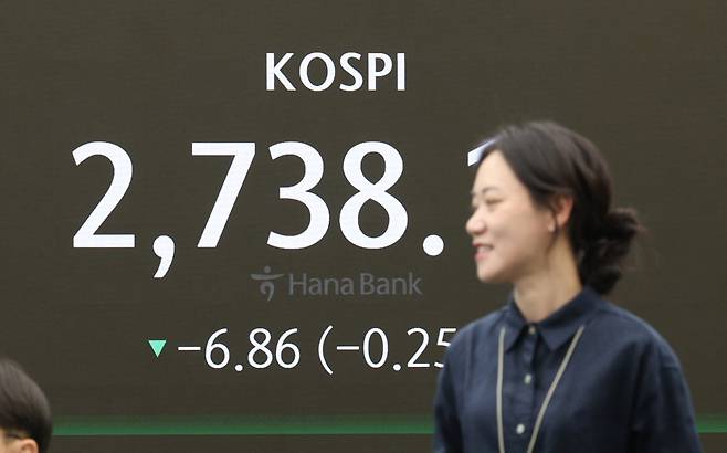 A electronic board shows the main bourse Kospi standing at 2,739.87 points at a dealing room of the Hana Bank headquarters in Seoul on Thursday. (Yonhap)