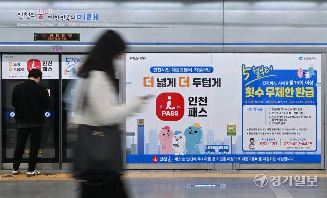 인천시의 대중교통 요금 할인 지원 정책인 '인천 I-패스' 서비스가 시작된 지난 1일 인천도시철도 1호선 인천터미널역에 지하철에 'I-패스' 광고가 걸려 있다. 경기일보DB
