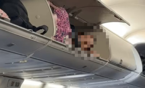 비행 중 여객기 내 좌석 위 짐칸에 들어가 잠을 청하는 ‘민폐 승객’의 모습이 포착돼 논란이 일고 있다. [틱톡]