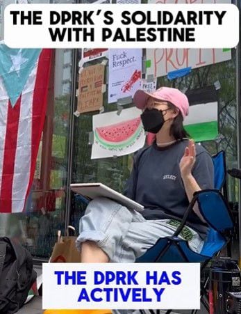 지난 5일(현지시각) 미국 뉴욕대에서 열린 친팔레스타인 시위에서 한 아시아계 학생이 북한과 팔레스타인을 지지하는 연설을 하고 있다./엑스