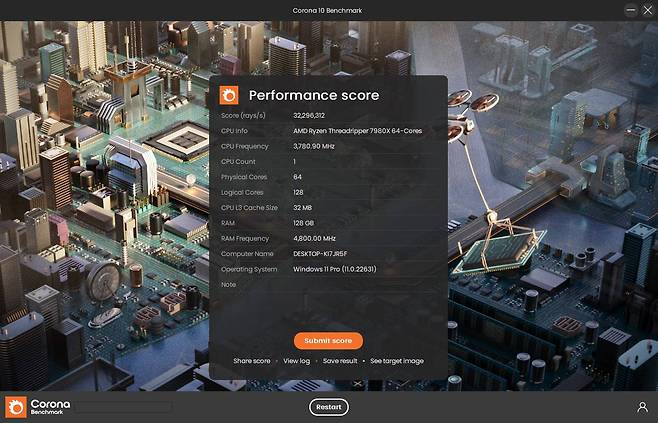 라이젠 스레드리퍼 7980X의 코로나 10 벤치마크 테스트 결과. / 출처=IT동아