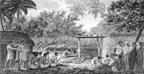 1773년경 타히티에서 인신 공양 제례를 참관하는 쿡 일행(1815년 그림).