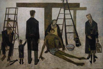 피에타(1946). 기독교적 도상과 독일 점령기 파리의 상황을 결합한 작품이다. 점령 기간 대부분 파리의 시민들은 독일군의 명령에 순순히 따랐다. 저항한 사람은 극히 일부였다. 뷔페는 고통과 좌절을 참고 때로는 외면하며 살았던 파리 시민들의 모습을 이 작품에 담았다.