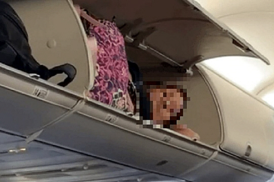 기내 머리 위 선반에 들어가있는 한 여성 승객의 모습. 뉴욕포스트 엑스 캡처