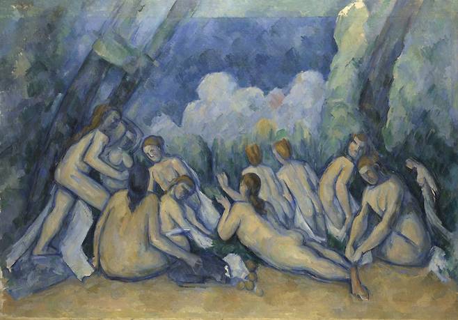 앙리 마티스는 1899년에 폴 세잔의 걸작인 ‘목욕하는 사람들’(1890-1892년경)을 구입해 경외하듯 그림을 바라봤던 것으로 기록된다. 이 그림과 함께 마티스의 대표작으로 꼽히는 ‘삶의 기쁨’을 비교해 보자. [영국 내셔널갤러리]