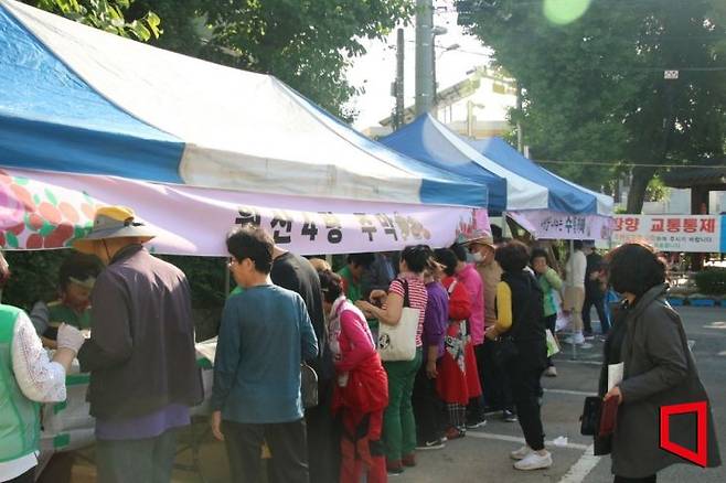 올해 처음으로 열린 제1회 수박등 장미 정원 마을 축제 마지막 날, 주민들이 마련한 음식 나눔 부스가 인기를 끌었다.