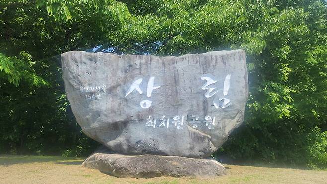 [함양=뉴시스] 서희원 기자= 천연기념물 제154호 상림공원 표지석. 일명 최치원공원이라고도 한다 2024. 05. 12. shw1881@newsis.com *재판매 및 DB 금지