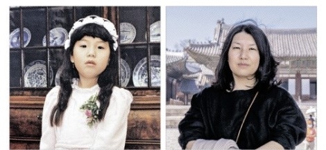 소냐 은영 반덴베르흐가 7세 당시 가톨릭 성찬에 맞는 복식을 갖춰 입은 모습(왼쪽). 반덴베르흐는 1979년 한국에서 태어나 그해 네덜란드 가정에 입양돼 가톨릭 신자로 자랐다. 2005년 한국을 찾은 이후 20년 동안 가족을 찾고 있는 반덴베르흐가 2021년 경복궁 앞에서 찍은 사진(오른쪽). 소냐 은영 반덴베르흐 제공