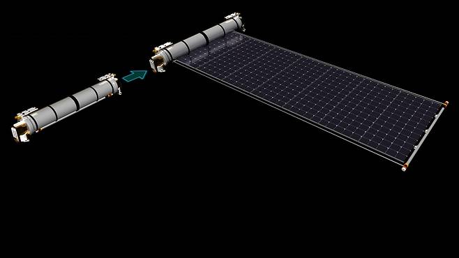 한화시스템의 우주용 탠덤 유연 태양전지 판넬이 펼쳐지는 전개 모듈 형상  [한화시스템 제공. 재판매 및 DB 금지]