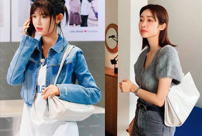 오블롱백의 가장 작은 사이즈 버전인 티니를 착용한 뉴진스 다니엘(좌), 오블롱백 크림 컬러가 잘 어울리는 패셔니스타 차정원(우).