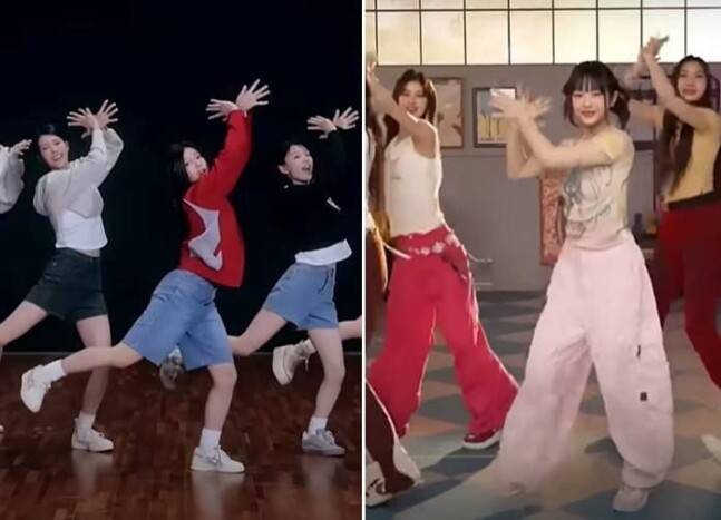 아일릿의 안무(왼쪽)와 뉴진스의 안무 비교 영상. 유튜브 갈무리