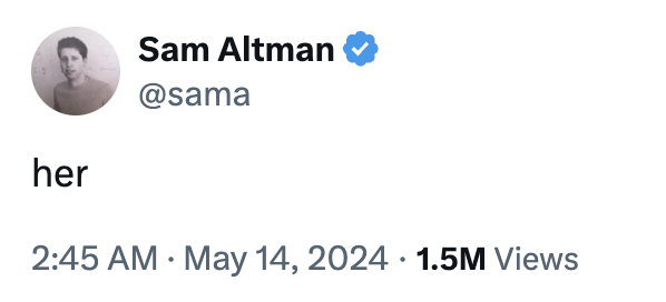 샘 올트먼 오픈AI 최고경영자가 13일 GPT-4o 공개 후 자신의 엑스에 ' her'(그녀)라고 남겼다. 올트먼 엑스 캡처