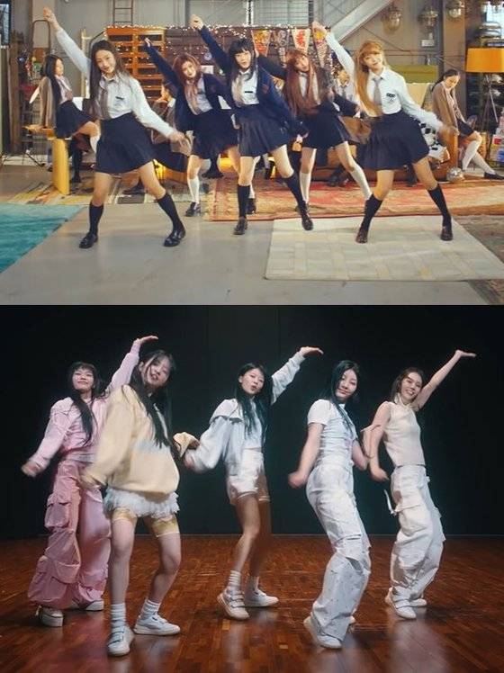 뉴진스 'Ditto'(사진 위) 안무, 아일릿 '마그네틱' 안무. 사진 유튜브 캡처