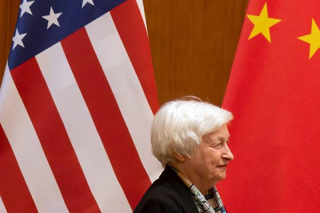 US Treasury Secretary Janet Yellen is seen during her meeting with Chinese Vice Premier He Lifeng at the Diaoyutai State Guesthouse in Beijing, July 8, 2023. (Pool photo via Reuters)